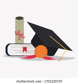 Book, medal, diploma  and graduation cap vector illustration. Graduation concept