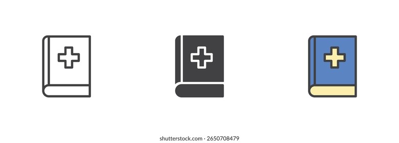 Livro com símbolo de ícone de cruz médica. Linha, glifo sólido e preenchido estilos coloridos incluídos. Ícone de livro vetorial de referência, educação e assistência médica.