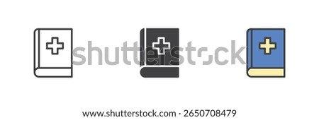 Book with medical cross icon symbol. Line, solid glyph and filled colorful styles included. Healthcare, education and reference vector book icon.