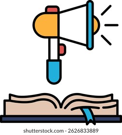 A book with a microphone on top of it. The microphone is pointing to the right. The book is open to the middle