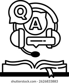 Um livro com um microfone e um sinal de Q e A nele