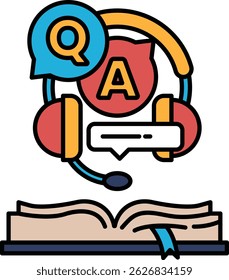 Um livro com um microfone e um Q e um sinal nele. O livro está aberto a uma página com um gato vermelho e amarelo