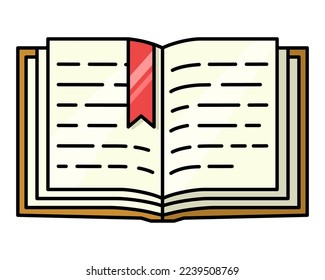 Book. Minimalistic icon in cartoon style. Vector flat illustration of an open book with a bright bookmark between the pages. Acquisition of knowledge in school. Education, fiction.