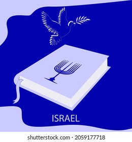 Book, minor, dove with laurel branch - blue background - vector. Israel. Hanukkah, Sukkot, Rosh Hashanah, Yom Kippur, Rosh Chodesh, Purim, Israel, Judaism,