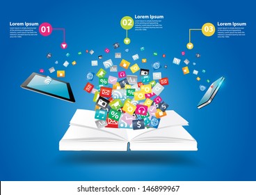 Book with mobile phones and tablet computer PC, With cloud of colorful application icon business software and social media networking idea concept, Vector illustration modern template design