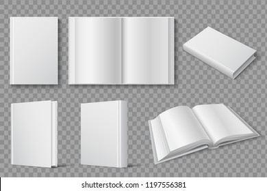 Book mockup. Blank white closed and open books. Textbooks and brochures isolated vector template. Cover book, white textbook and brochure, open paperback illustration