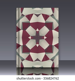 Book mockup with cover of colorful symmetrical background element with bold geometrical pattern. For wallpaper, pattern fills, web page background, surface textures for print and dalle production.