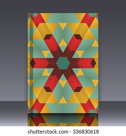Book mockup with cover of colorful symmetrical background element with bold geometrical pattern. For wallpaper, pattern fills, web page background, surface textures for print and dalle production.