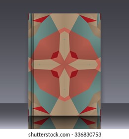 Book mockup with cover of colorful symmetrical background element with bold geometrical pattern. 