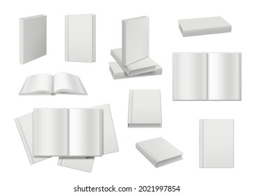 Book mockup. Empty white opening and closed white books publication pages collection decent vector realistic templates