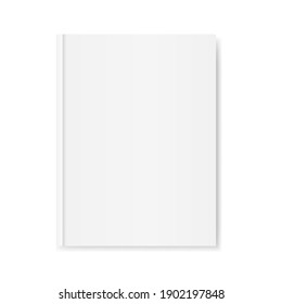 Book mockup on white background. White cover template with shadow. Closed magazine or book. Realistic vertical blank top view. Notebook or catalog design. Vector illustration.