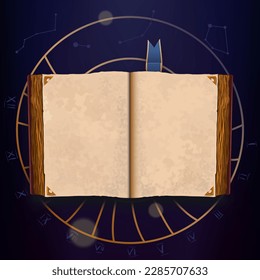 Book mockup. Open book with blank and clean pages, bookmark. Constellation background and Roman numerals, astrolabe. Ancient tome, magic book, folio. Large thick book. Vector cartoon illustration.