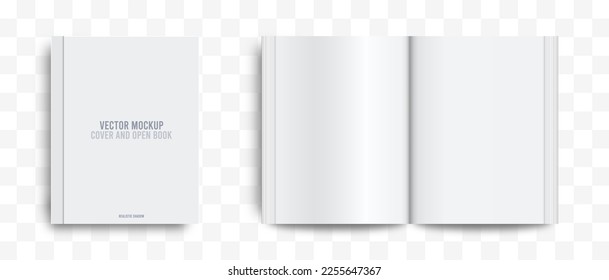 Book mockup with realistic shadow. Cover and open book template. Empty notebook isolated on transparent background. Vector illustration.