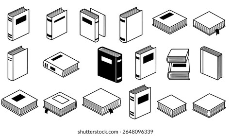 Book mockups - closed, open, standing and laying textbook icons - scalable vector illustrations for print, packaging, signage, or digital use