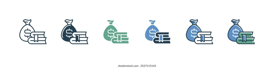 Icono de libro y bolsa de dinero Conjunto de iconos Educación Beca Matrícula Vector financiero Academia universitaria Ilustración de signos de costo