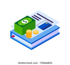 Book and Money Isometric Icon, Education Cost