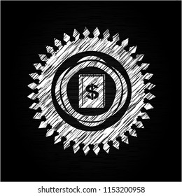 book with money symbol inside icon drawn chalk emblem, retro style, chalk or chalkboard texture