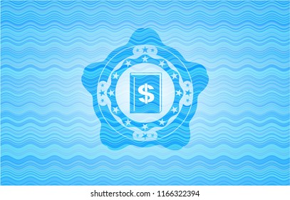 book with money symbol inside icon inside water emblem.