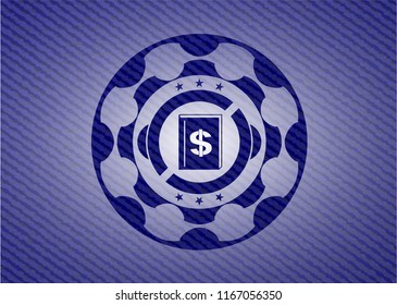 book with money symbol inside icon inside emblem with denim texture