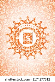 book with money symbol inside icon inside orange mosaic emblem