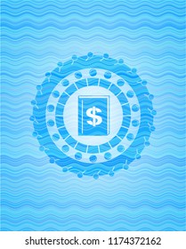 book with money symbol inside icon inside light blue water wave emblem background.