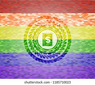 book with money symbol inside icon on mosaic background with the colors of the LGBT flag