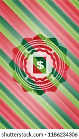 book with money symbol inside icon inside christmas colors badge.