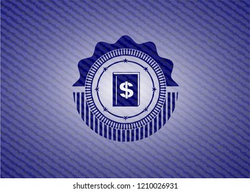 book with money symbol inside icon inside emblem with denim high quality background