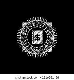 book with money symbol inside icon inside chalkboard emblem written on a blackboard