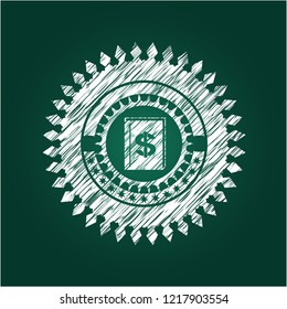 book with money symbol inside icon inside chalkboard emblem