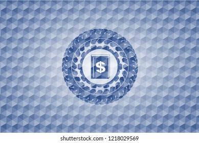 book with money symbol inside icon inside blue emblem or badge with abstract geometric polygonal pattern background.