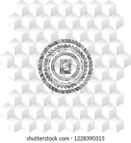 book with money symbol inside icon inside grey icon or emblem with geometric cube white background