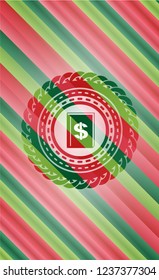 book with money symbol inside icon inside christmas emblem background.