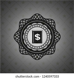 book with money symbol inside icon inside black badge