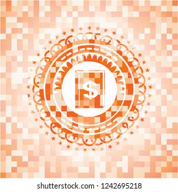 book with money symbol inside icon inside abstract orange mosaic emblem with background