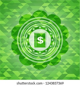 book with money symbol inside icon inside green mosaic emblem
