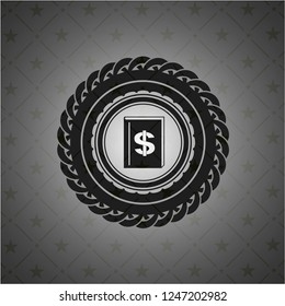 book with money symbol inside icon inside black emblem. Vintage.