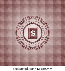 book with money symbol inside icon inside red seamless badge with geometric pattern.