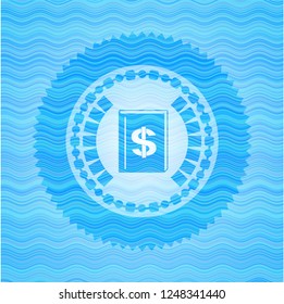 book with money symbol inside icon inside water wave representation style emblem.