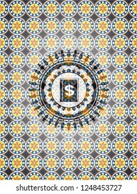 book with money symbol inside icon inside arabic badge background. Arabesque decoration.