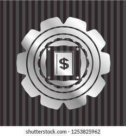 book with money symbol inside icon inside silver shiny emblem