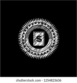 book with money symbol inside icon inside chalkboard emblem written on a blackboard