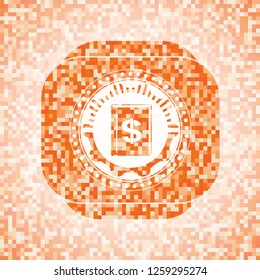 book with money symbol inside icon inside orange tile background illustration. Square geometric mosaic seamless pattern with emblem inside.