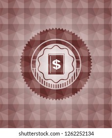 book with money symbol inside icon inside red emblem or badge with abstract geometric polygonal pattern background. Seamless.