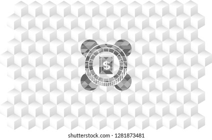 book with money symbol inside icon inside realistic grey emblem with geometric cube white background