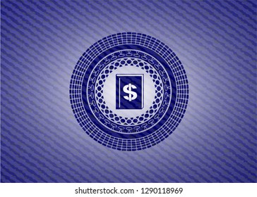 book with money symbol inside icon inside badge with denim background