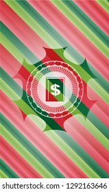 book with money symbol inside icon inside christmas colors badge.