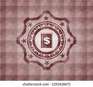 book with money symbol inside icon inside red emblem with geometric background. Seamless.