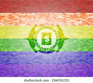 book with money symbol inside icon inside emblem on mosaic background with the colors of the LGBT flag