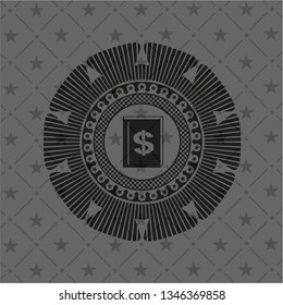 book with money symbol inside icon inside dark badge or emblem